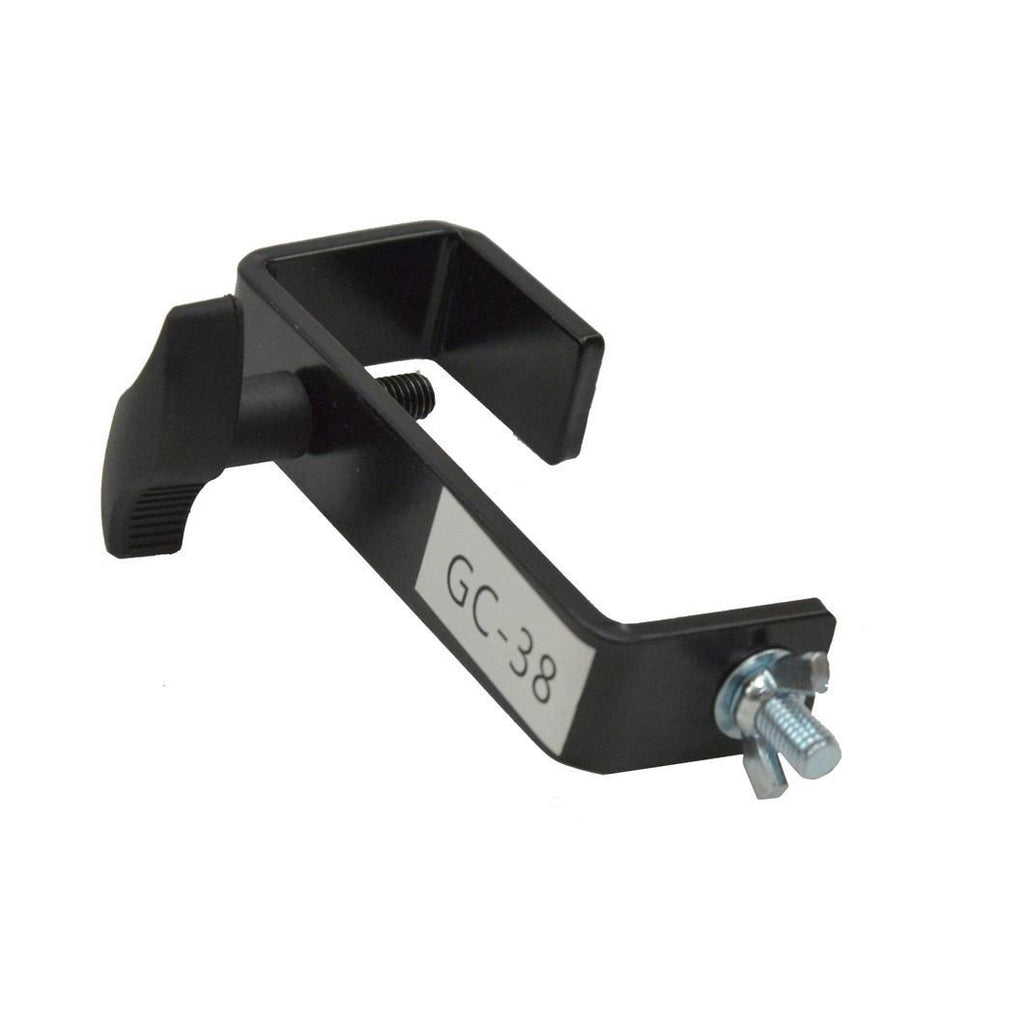 Black AVE GC-38B 38mm G Clamp for stands, brackets, and accessories, showing its sturdy metal construction and adjustable screw.