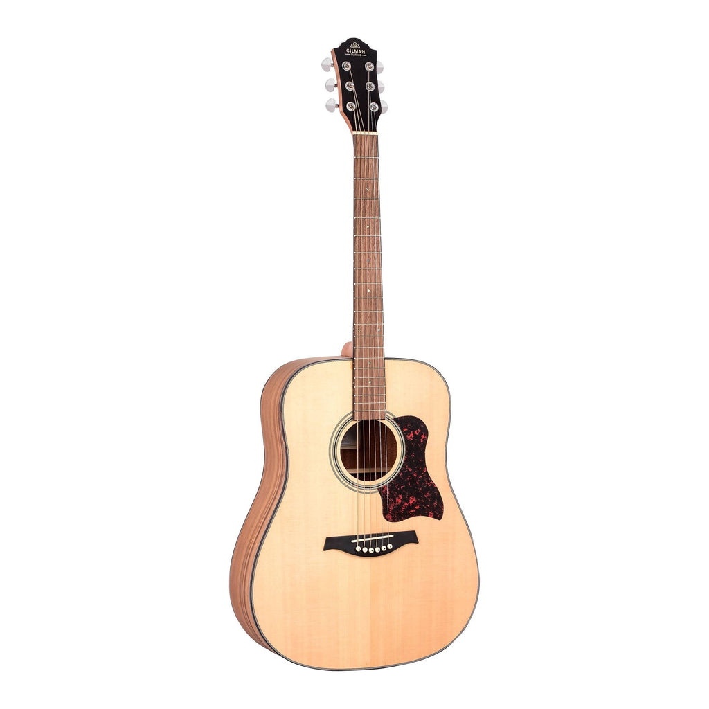 Gilman GD10 dreadnought acoustic guitar in natural satin finish, showcasing its wooden body and six-string design.