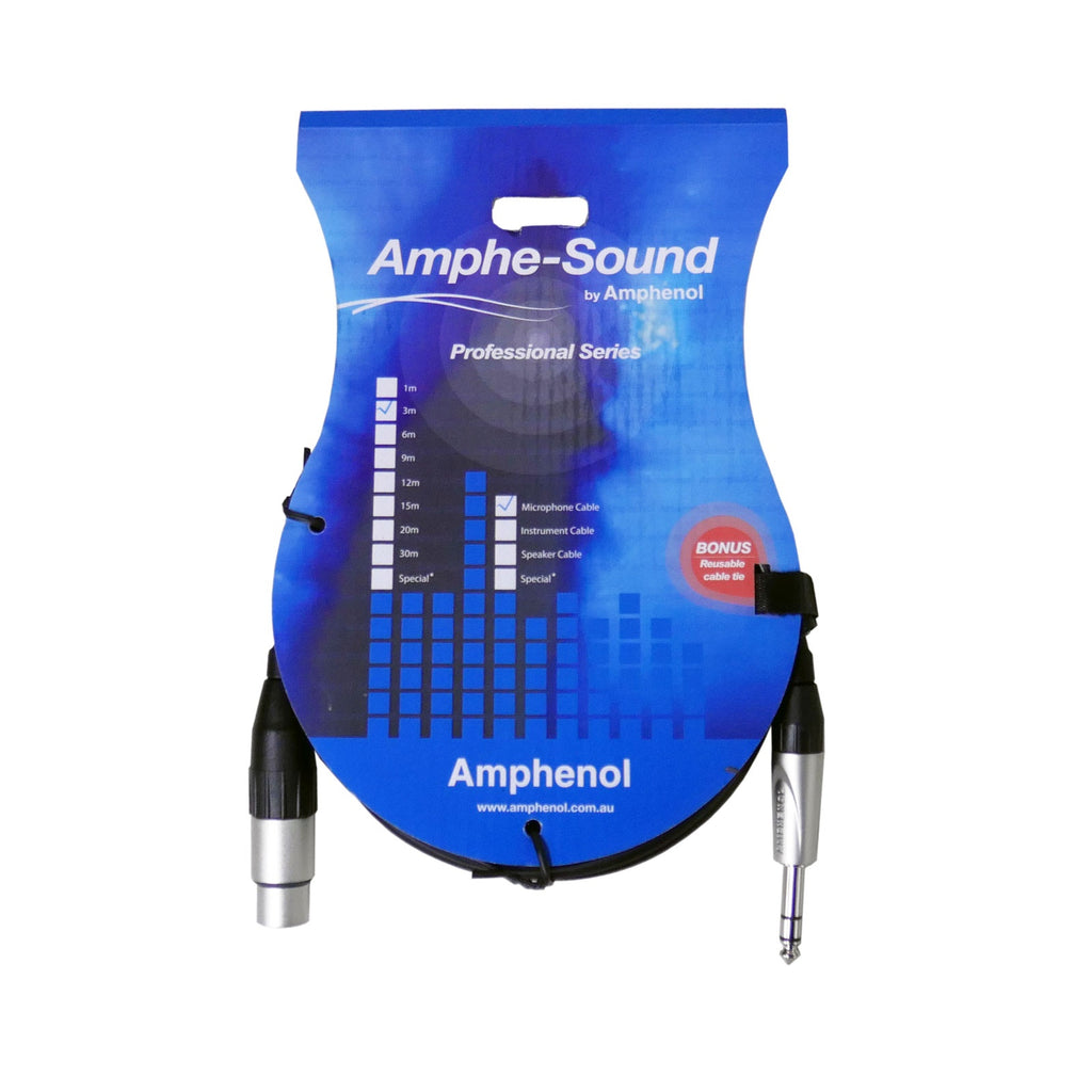 Amphenol 3-meter 6.35mm TRS jack cable showing the black audio connector and cable with strain relief