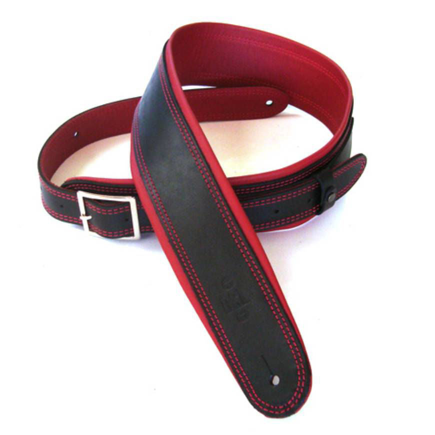 DSL Straps Premium Series Rolled Edge Leather Guitar Strap 2.5in Buckle - Black/Red