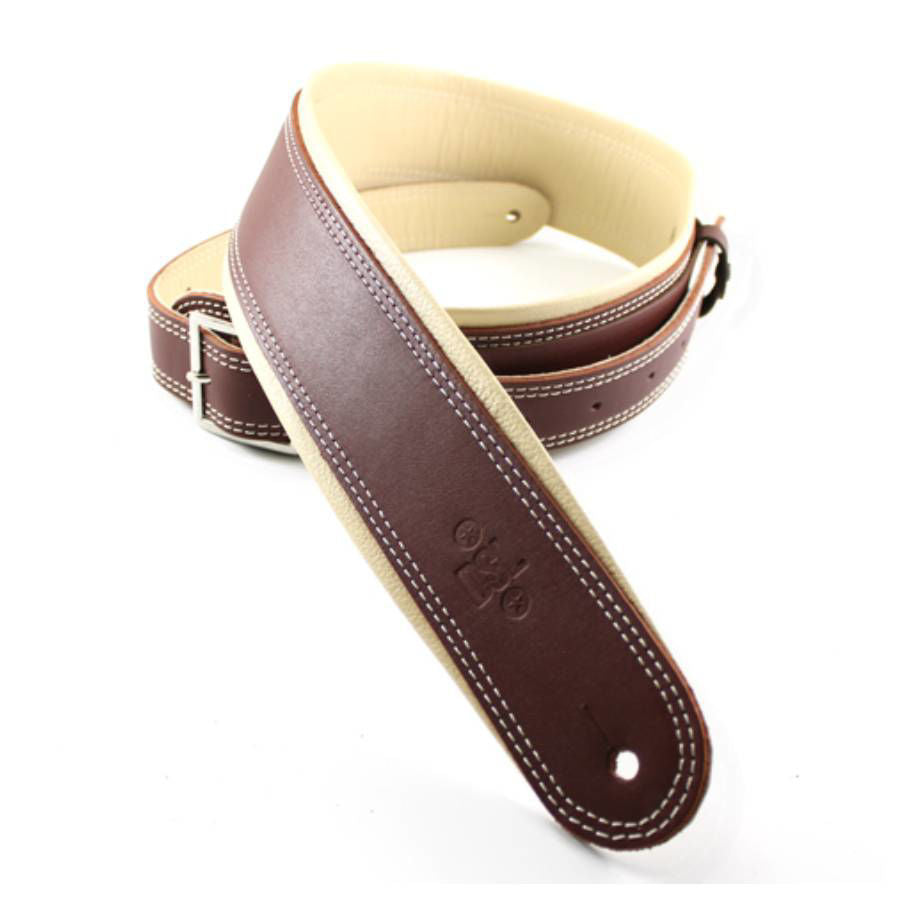 DSL Straps Premium Series Rolled Edge Leather Guitar Strap 2.5in Buckle - Maroon/Beige