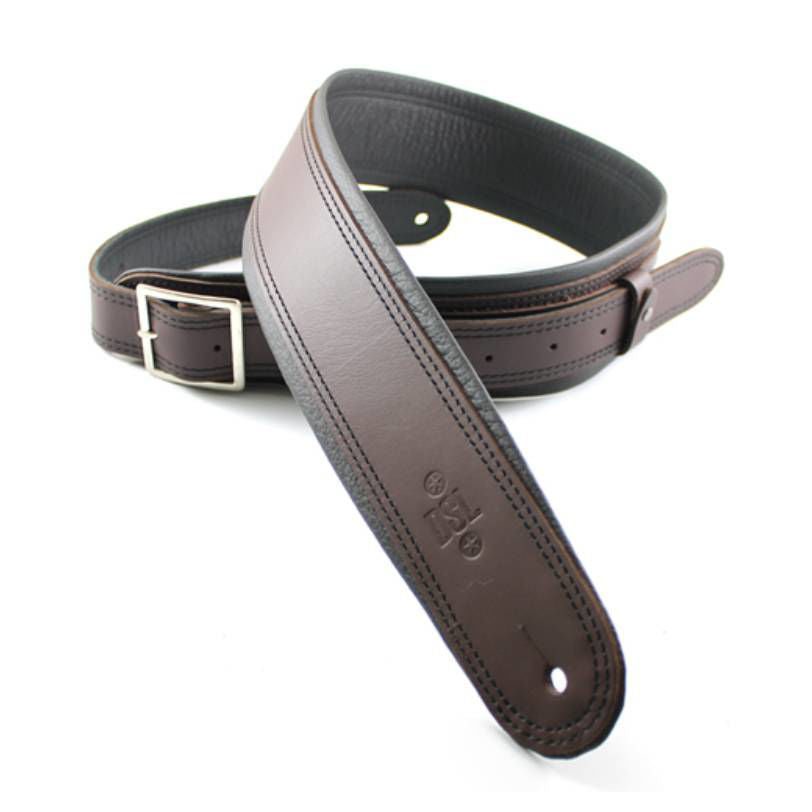 DSL Straps Premium Series Rolled Edge Leather Guitar Strap 2.5in Buckle - Saddle Brown/Black