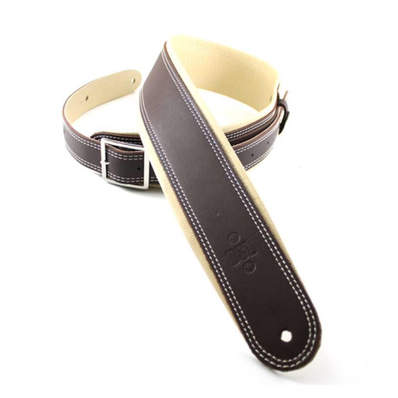 DSL Straps Premium Series Rolled Edge Leather Guitar Strap 2.5in Buckle - Saddle Brown/Beige