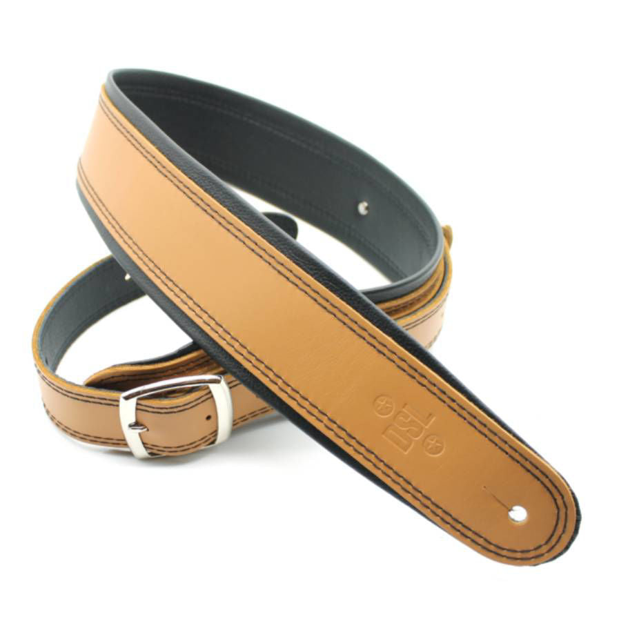 DSL Straps Premium Series Rolled Edge Leather Guitar Strap 2.5in Buckle - Tan/Black