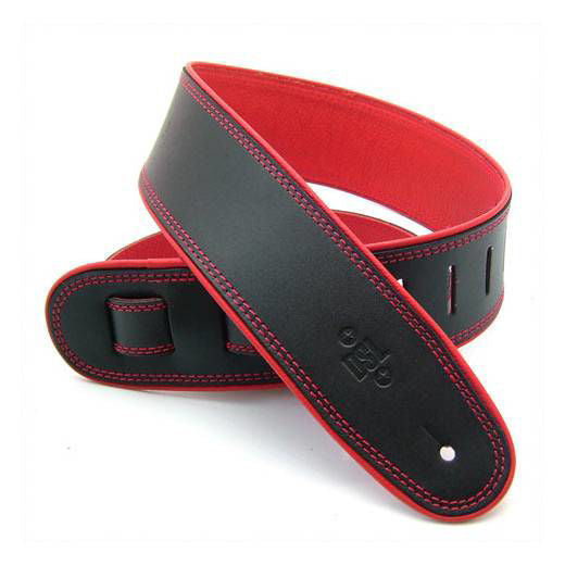 DSL Straps Premium Series Rolled Edge Leather Guitar Strap 2.5in - Black/Red