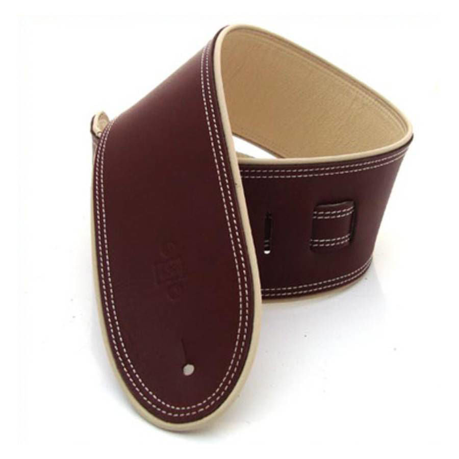 DSL Straps Premium Series Rolled Edge Leather Guitar Strap 3.5in - Maroon/Beige