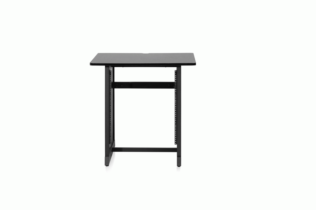 Black GATOR GFWDESKRK studio desk 12RU rack section with open metal frame and mounting space for audio or studio equipment.