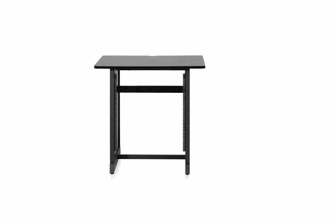 Black GATOR GFWDESKRK studio desk 12RU rack section with open metal frame and mounting space for audio or studio equipment.