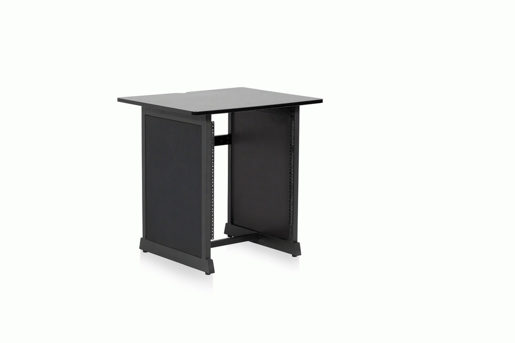 Black GATOR GFWDESKRK studio desk 12RU rack section with open shelving and cable management for audio and recording equipment.