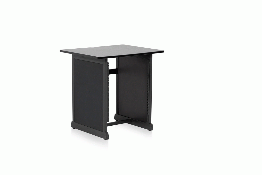 Black GATOR GFWDESKRK studio desk 12RU rack section with open shelving and cable management for audio and recording equipment.