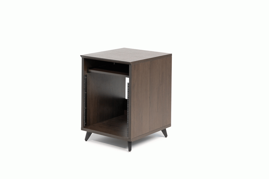 Gator Elite Studio Desk 10RU rack section in brown, showing sturdy wooden construction with metal rack rails and storage compartments.