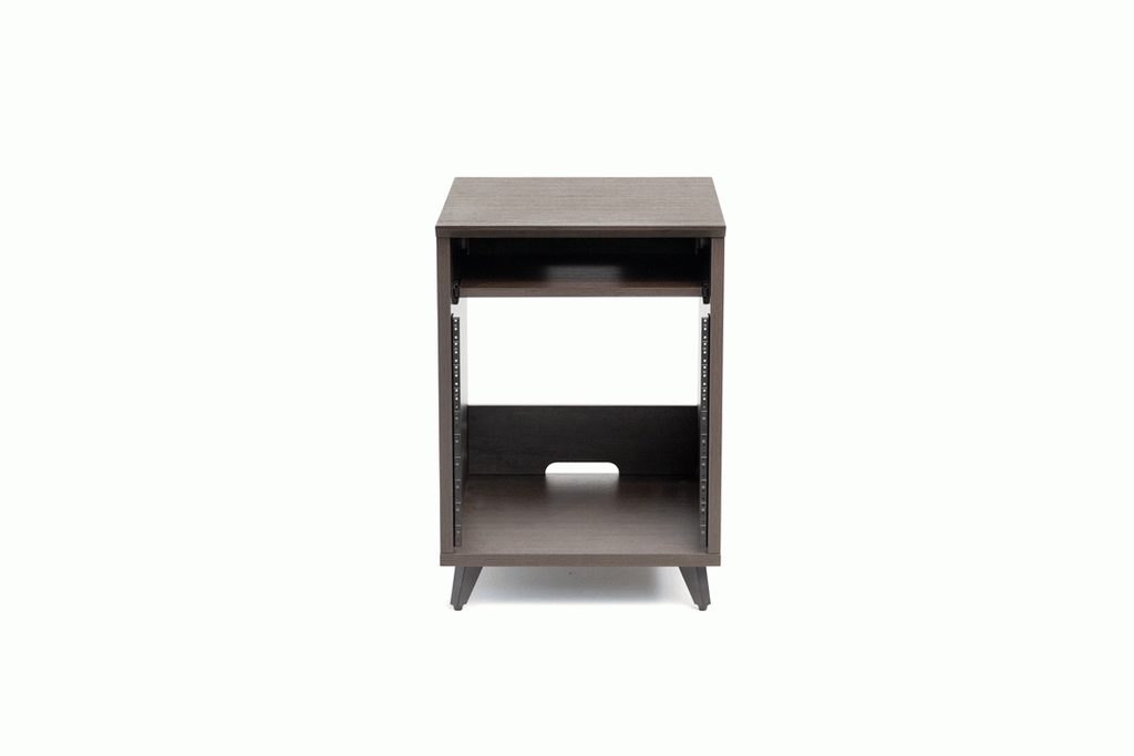 Gator Elite Studio Desk 10RU rack section in brown, showing sturdy wood construction and professional studio furniture design.