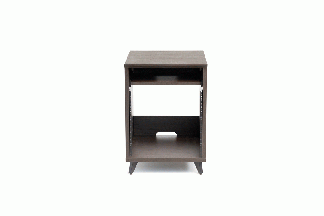 Gator Elite Studio Desk 10RU rack section in brown, showing sturdy wood construction and professional studio furniture design.