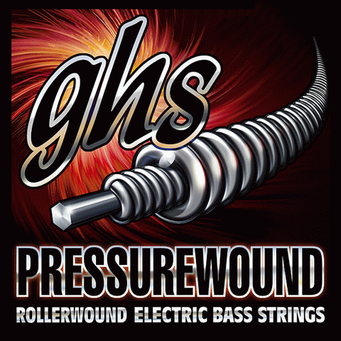 GHS ML7200 44-102 Pressurewound bass strings set, showing packaged strings with branding and specifications on the label.