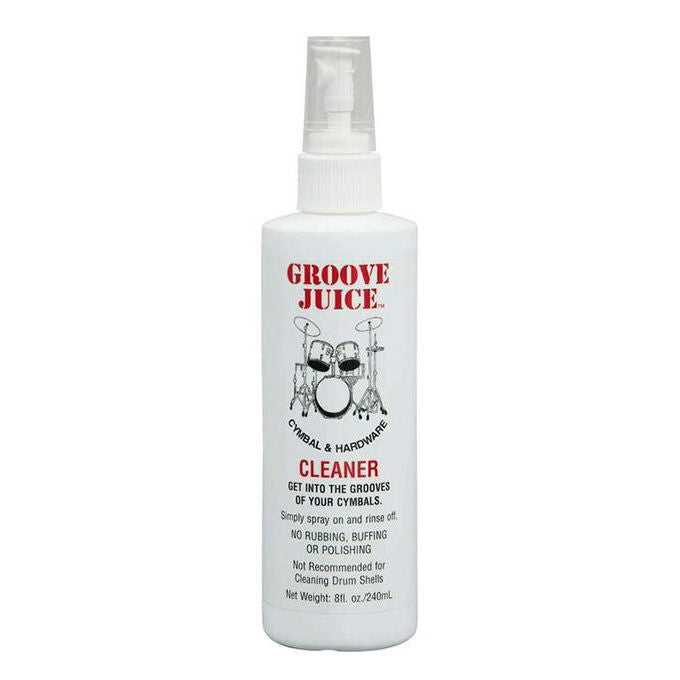 Groove Juice Cymbal and hardware cleaner spray bottle, 240ml, for drum cymbals and hardware cleaning, GMI brand.