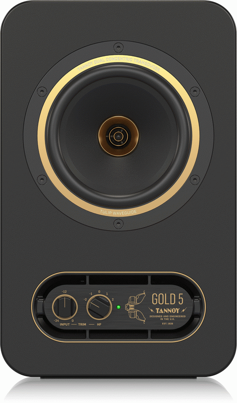 Tannoy Gold-5 5-inch studio monitor speaker, showing its sleek black enclosure and front grille for professional audio mixing.