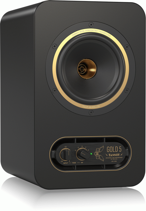 Tannoy Gold-5 5-inch studio monitor speaker showing its front view with black enclosure and gold-colored driver for professional audio.