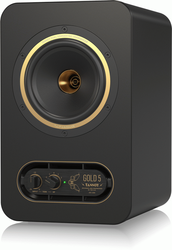 Tannoy Gold-5 5-inch studio monitor speaker showing a sleek black finish and detailed driver components.