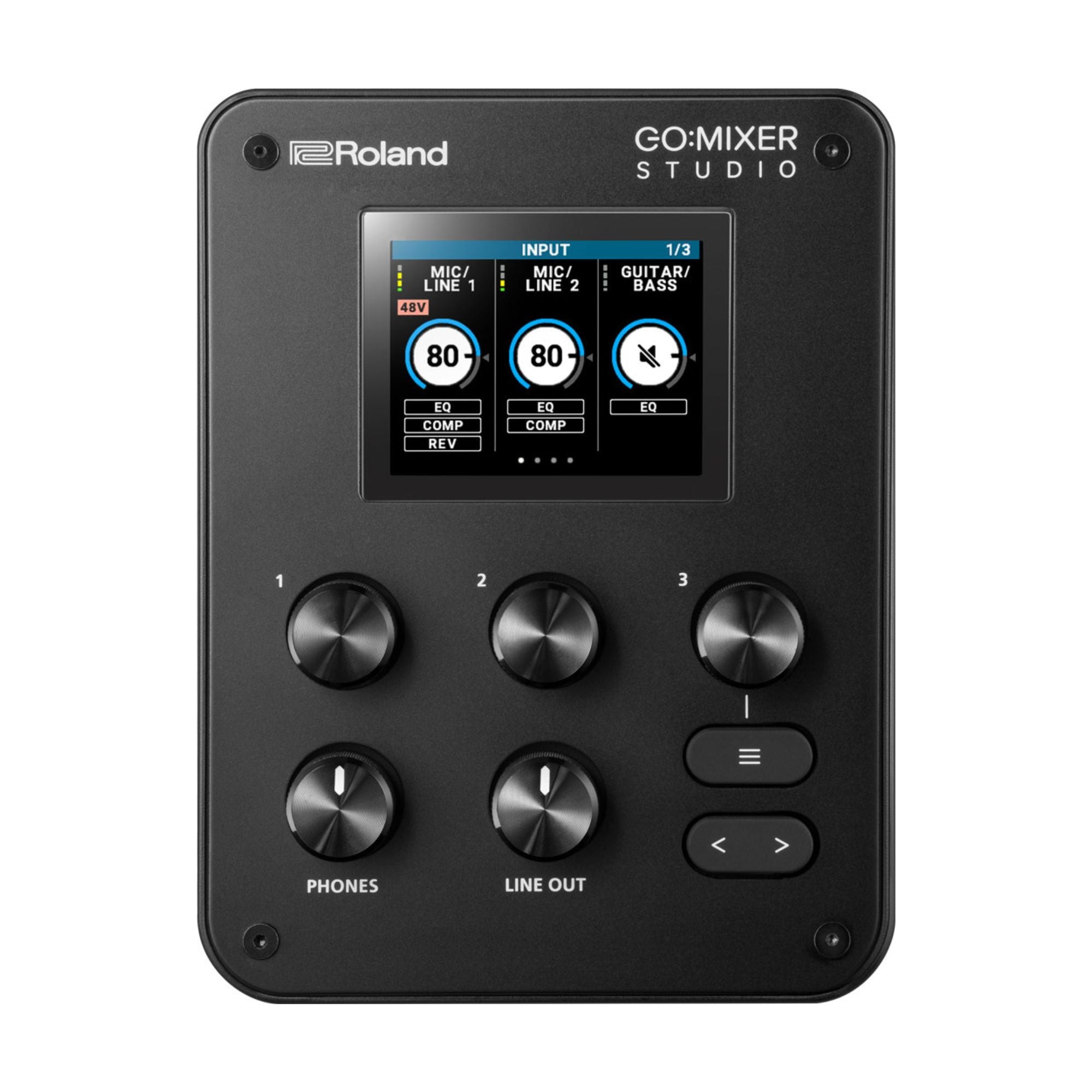 Roland GO:MIXER studio audio mixer and interface with multiple input channels and control knobs for professional sound recording.