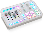 White TC Helicon GO XLR online broadcaster platform with control knobs, buttons, and microphone connection for audio streaming.