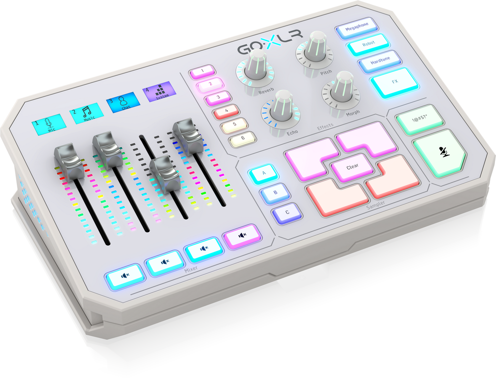 White TC Helicon GO XLR online broadcaster platform with control knobs, buttons, and microphone connection for audio streaming.