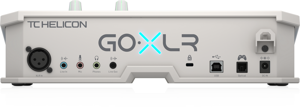 White TC Helicon GO XLR online broadcaster platform with multiple controls and input ports for professional audio streaming setup.