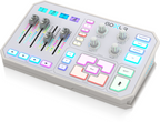 White TC Helicon GO XLR online broadcaster platform with audio interface, featuring multiple controls and colorful LED accents.