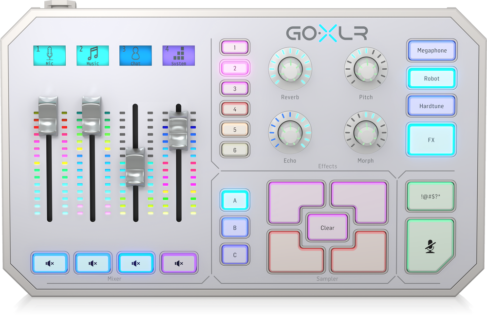 White TC Helicon GO XLR online broadcaster platform with multiple dials and sliders, designed for professional audio streaming.