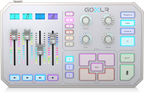 White TC Helicon GO XLR online broadcaster platform with multiple dials and sliders, designed for professional audio streaming.