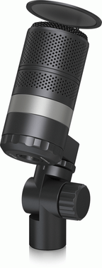 Black TC Helicon GOXLR studio microphone on a stand, designed for professional audio and streaming applications.