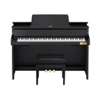 Casio Celviano Grand Hybrid GP-310 digital piano in black with 88 keys and sleek design, showing the front view of the instrument.