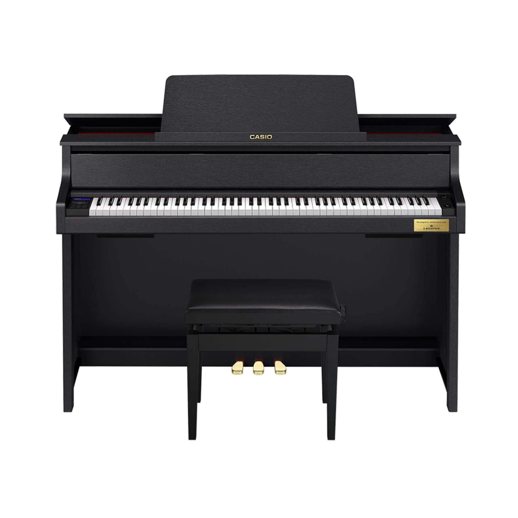 Casio Celviano Grand Hybrid GP-310 digital piano in black with 88 keys and sleek design, showing the front view of the instrument.