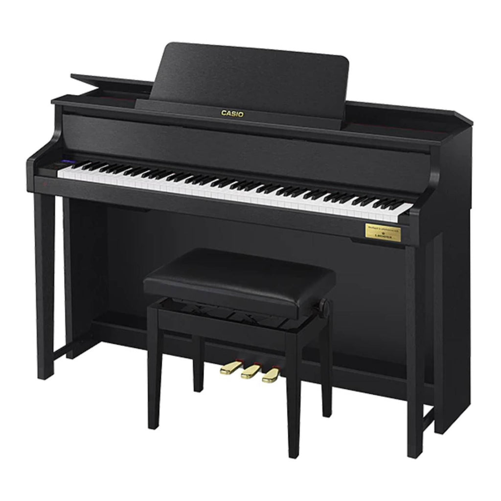Casio Celviano Grand Hybrid GP-310 digital piano in black, showing the full keyboard and sleek design.