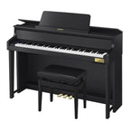 Casio Celviano Grand Hybrid GP-310 digital piano in black, showing the full keyboard and sleek design.