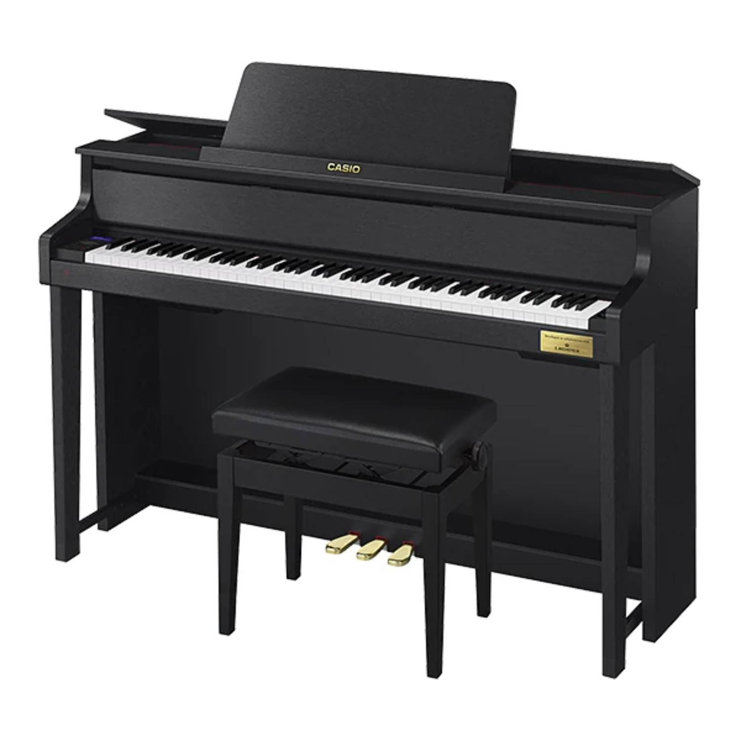 Casio Celviano Grand Hybrid GP-310 digital piano in black, showing the full keyboard and sleek design.