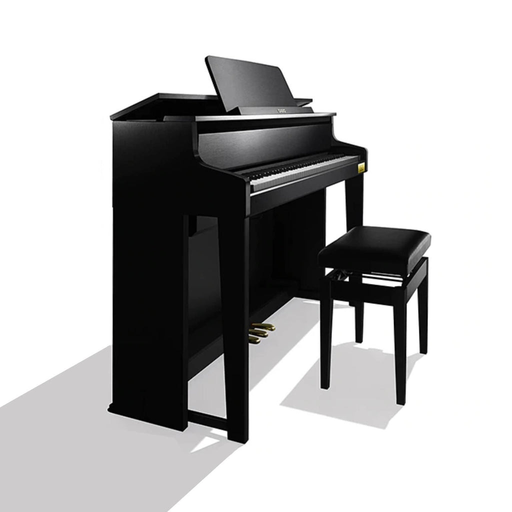 Casio Celviano Grand Hybrid GP-310 digital piano in black, showing the sleek keyboard and elegant design.