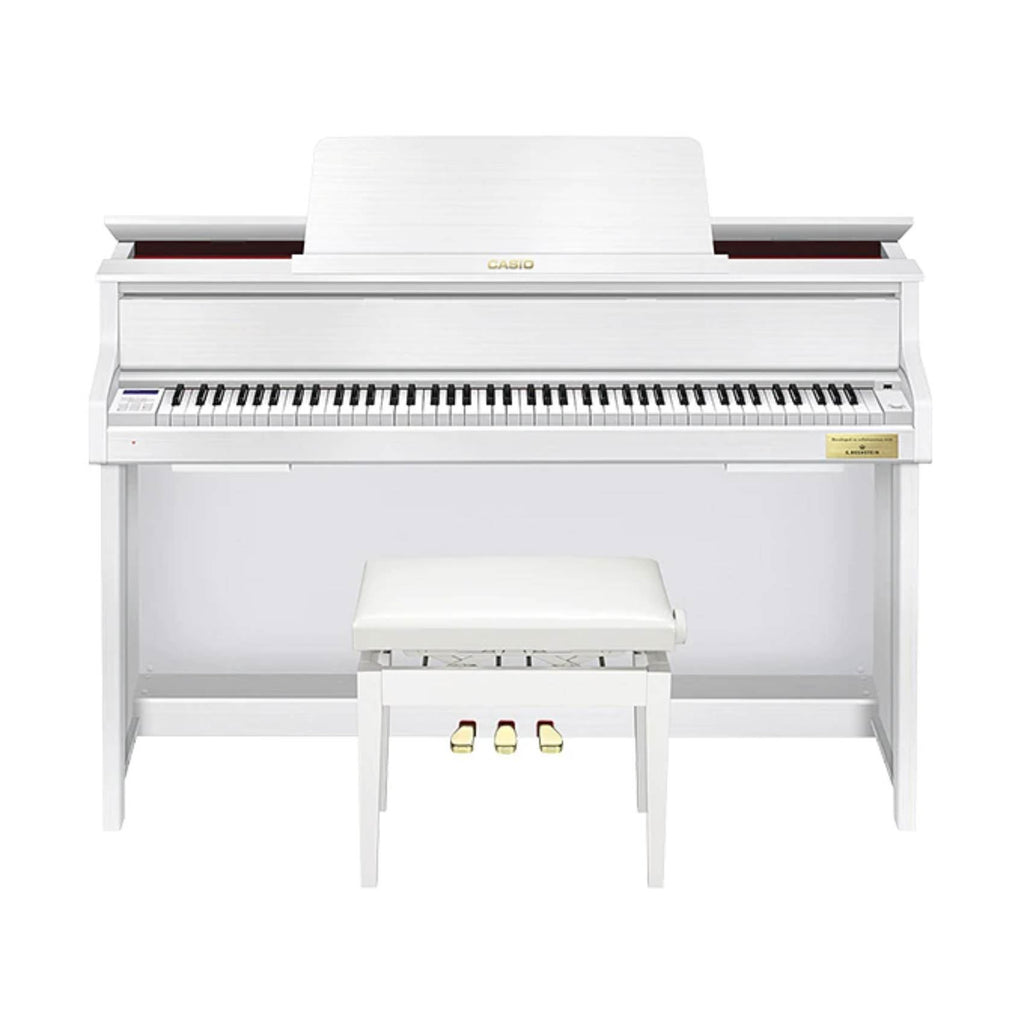 Casio Celviano Grand Hybrid GP-310 digital piano in white with keyboard keys and control panel visible.