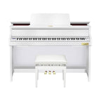 Casio Celviano Grand Hybrid GP-310 digital piano in white with keyboard keys and control panel visible.