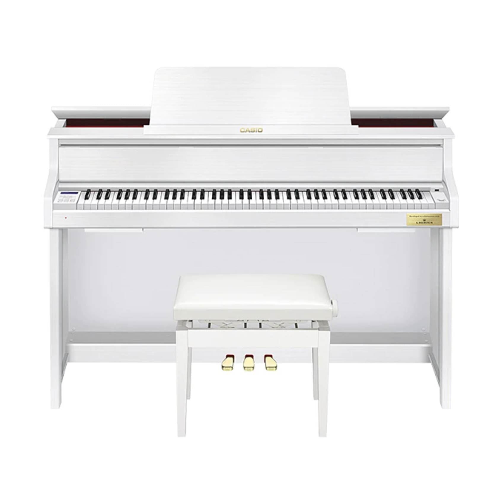 Casio Celviano Grand Hybrid GP-310 digital piano in white with keyboard keys and control panel visible.