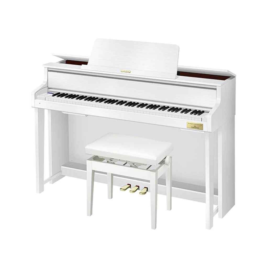 Casio Celviano Grand Hybrid GP-310 digital piano in white, showing the full keyboard and elegant design.