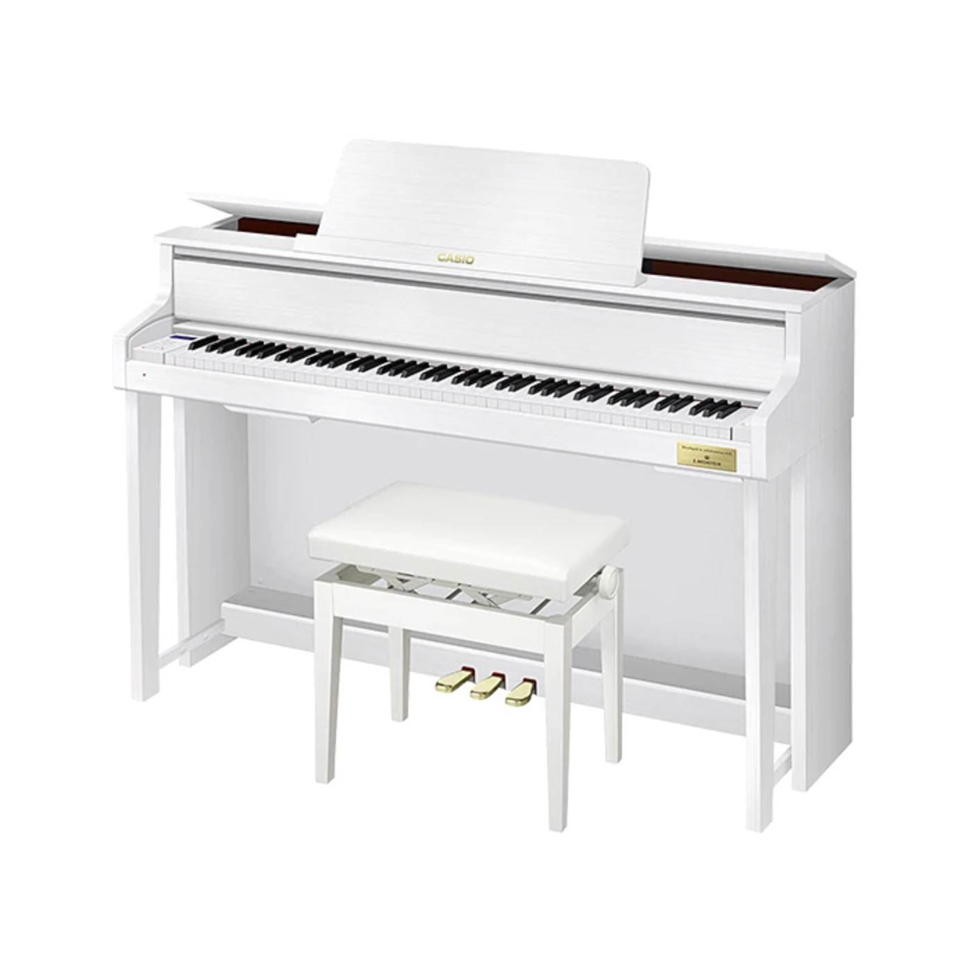 Casio Celviano Grand Hybrid GP-310 digital piano in white, showing the full keyboard and elegant design.
