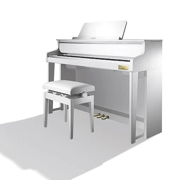 Casio Celviano Grand Hybrid GP-310 digital piano in white with full-sized keyboard and sleek design.