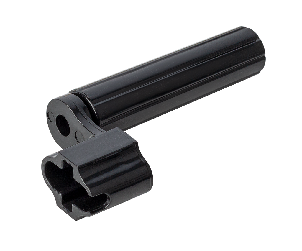 XTR black plastic stringwinder for guitar strings, shown from the left side with a close-up view of the tool.