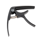 Black XTR GPX4CB trigger style guitar capo clamped on a guitar neck, showcasing its easy-to-use design and compact form.