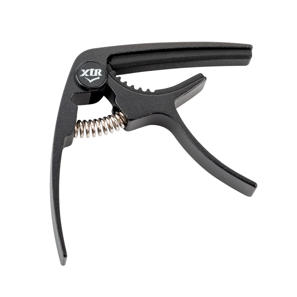 Black XTR GPX4CB trigger style guitar capo clamped on a guitar neck, showcasing its easy-to-use design and compact form.