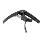 Black XTR GPX4CB trigger-style guitar capo clamped on a guitar neck, showing its compact design and easy one-handed operation.