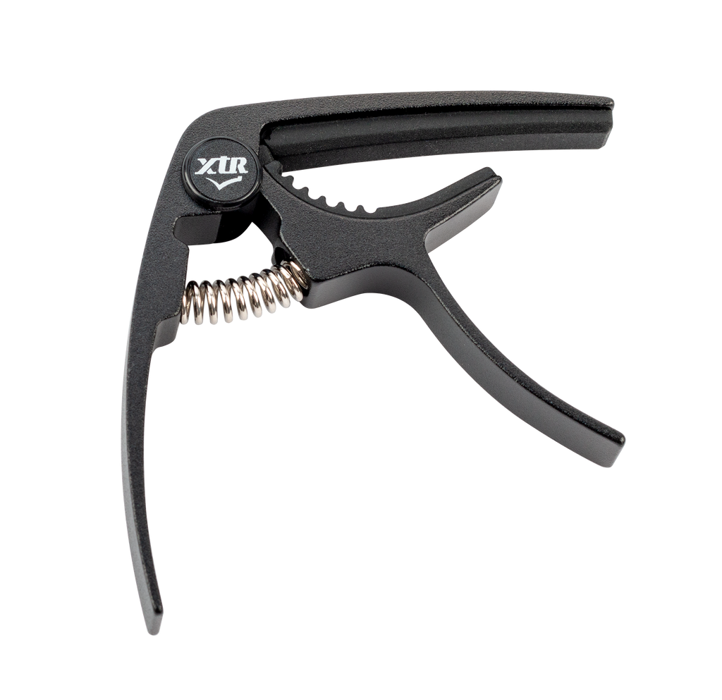 Black XTR GPX4CB trigger-style guitar capo on a guitar neck, showing its ergonomic design and secure clamp mechanism.