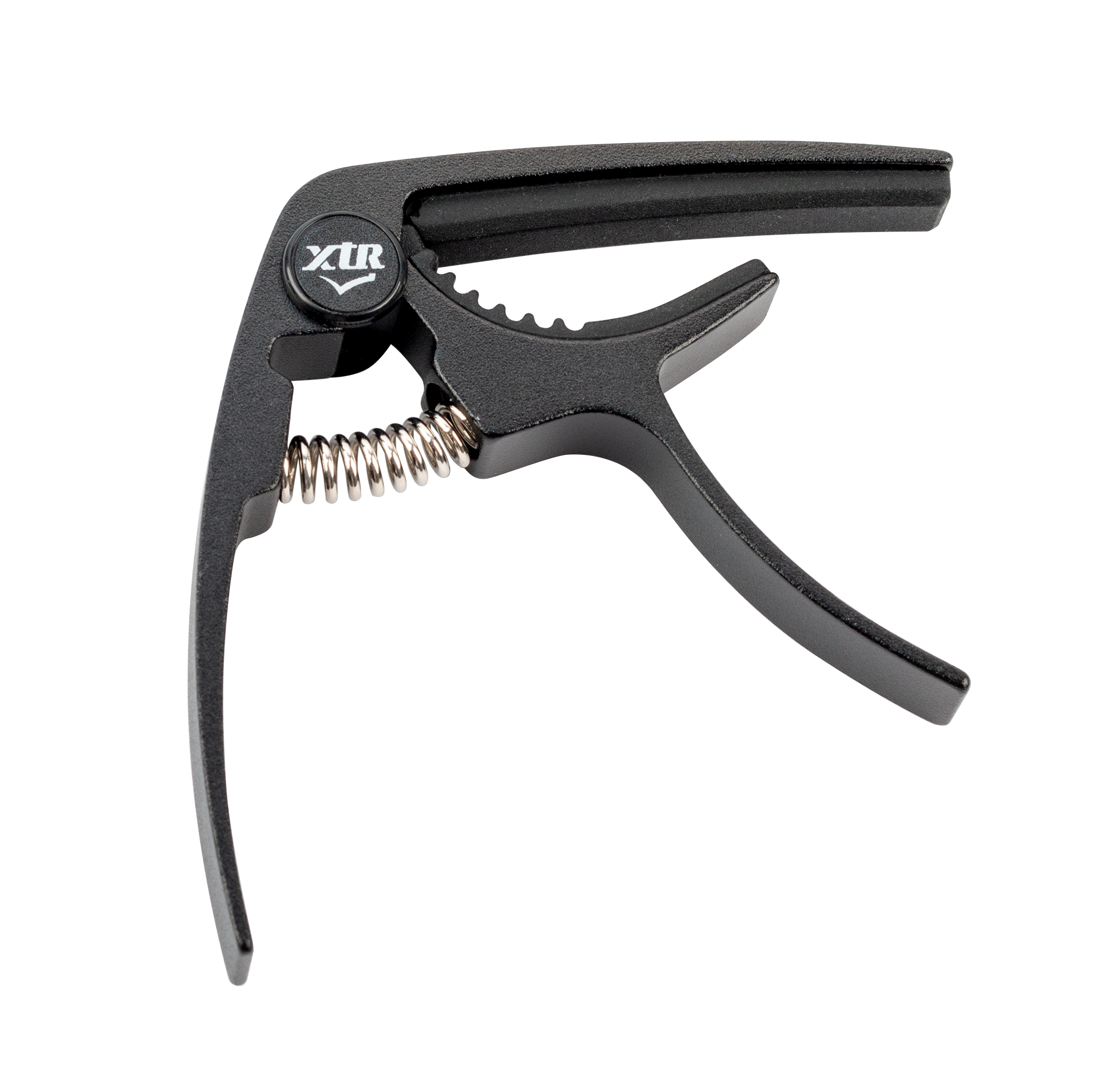 Black XTR GPX4CB trigger-style guitar capo on a guitar neck, showing its ergonomic design and secure clamp mechanism.