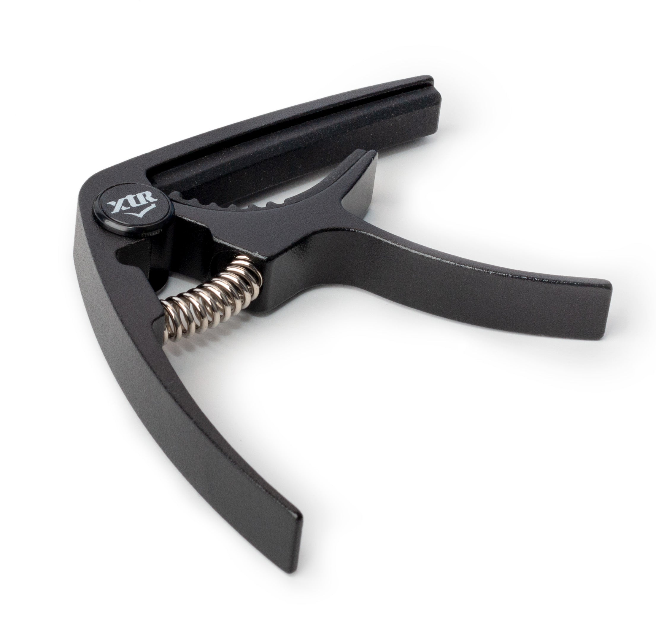 Black XTR GPX4CB trigger style guitar capo clamped on a guitar neck, showing its ergonomic design and compact build.