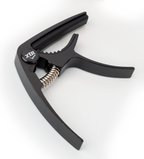 Black XTR GPX4CB trigger-style guitar capo on a guitar neck, designed for easy one-handed use and secure string pressure.